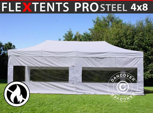 Faltzelt FleXtents PRO Steel 4x8m Weiß, Flammenhemmend, mit 6 Seitenwänden