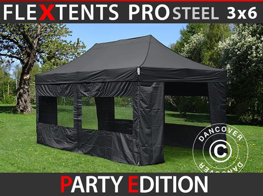 Faltzelt FleXtents PRO Steel 3x6m Schwarz, mit 6 Seitenwänden