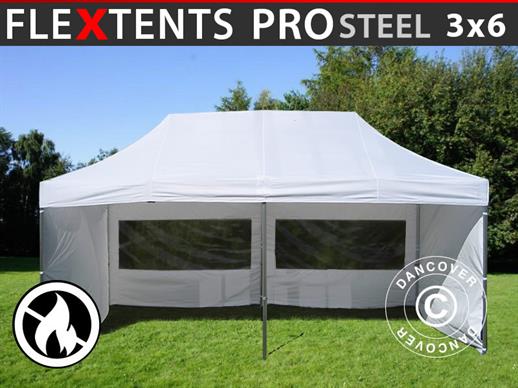 Faltzelt FleXtents PRO Steel 3x6m Weiß, Flammenhemmend, mit 6 Seitenwänden