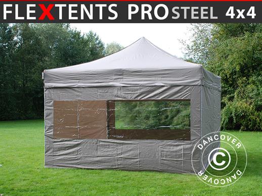 Prekybinė palapinė FleXtents PRO Steel 4x4m Latte, įsk. 4 šonines sienas