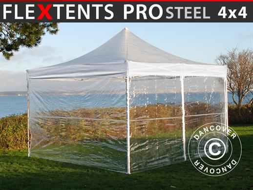 Prekybinė palapinė FleXtents PRO Steel 4x4m Permatoma, įsk. 4 šonines sienas