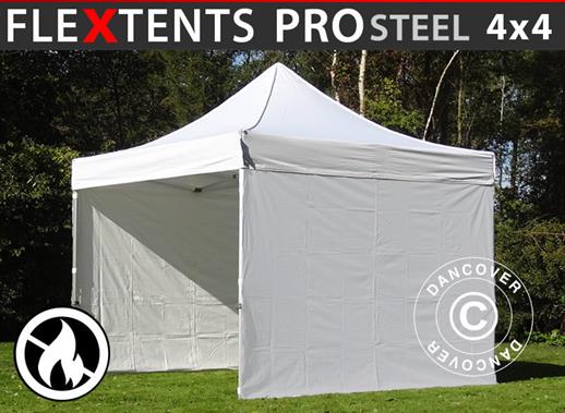 Saliekamā nojume FleXtents PRO Steel 4x4m Balts, Liesmu slāpējošs, ar 4 sānu sienām