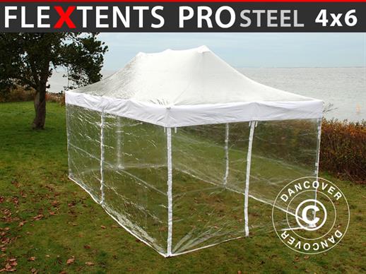 Prekybinė palapinė FleXtents PRO Steel 4x6m Permatoma, įsk. 8 šonines sienas