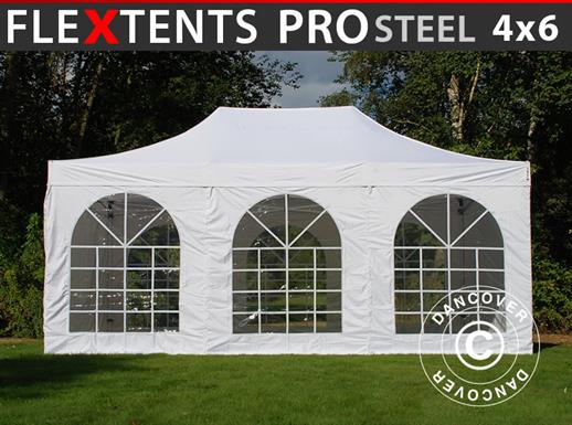 Tente Pliante FleXtents PRO Steel Vintage Style 4x6m Blanc, avec 8 cotés