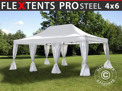 Tente Pliante FleXtents PRO Steel 4x6m Blanc, avec 8 rideaux décoratifs