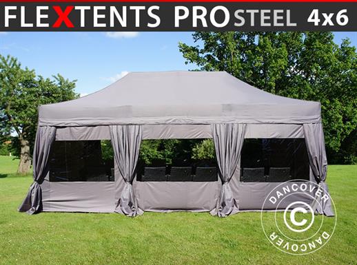 Pop up gazebo FleXtents PRO Steel 4x6 m Latte, incl. 8 sidewalls & decorative curtains