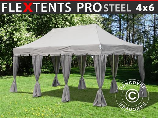 Pop up gazebo FleXtents PRO Steel "Peaked" 4x6 m Latte, incl. 8 decorative curtains