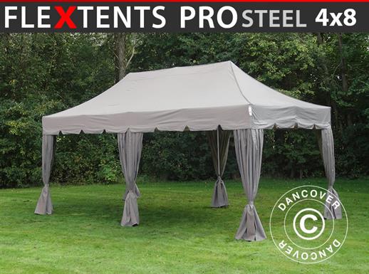 Pop up gazebo FleXtents PRO Steel "Peaked" 4x8 m Latte, incl. 6 decorative curtains