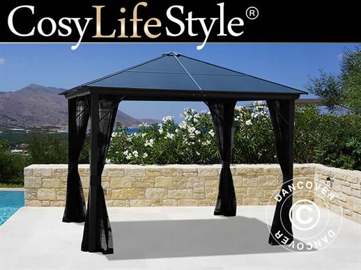 Gazebo Santa Barbara w/curtains and mosquito net, 3x3 m, Black