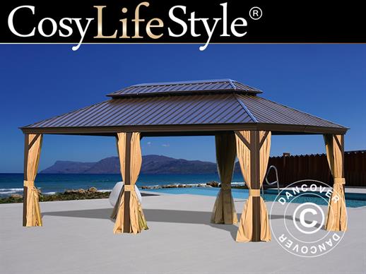 Gazebo Santa Fe con tende e zanzariera, 3,65x6m, Marrone