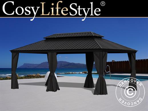 Gazebo Santa Fe con tende e zanzariera, 3,65x6m, Nero