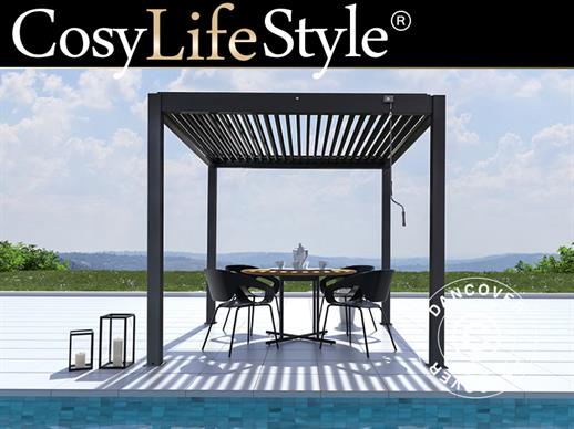 Bioklimatische Pergola Pavillon San Remo mit 4 Seitenwänden, 3x3m, Anthrazit