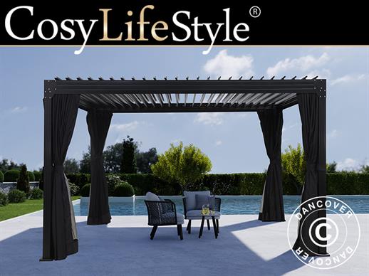 Gazebo pergola bioclimatico Monterey, 3x4m, con tendine e zanzariera, Nero