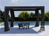 Gazebo pergola bioclimatico Monterey, 3x4m, con tendine e zanzariera, Nero