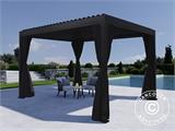 Gazebo pergola bioclimatico Monterey, 3x4m, con tendine e zanzariera, Nero