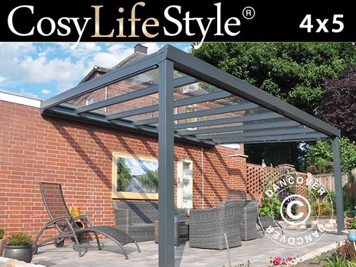 Pergola Addossata Expert con Tetto in Vetro, 4x5m, Antracite